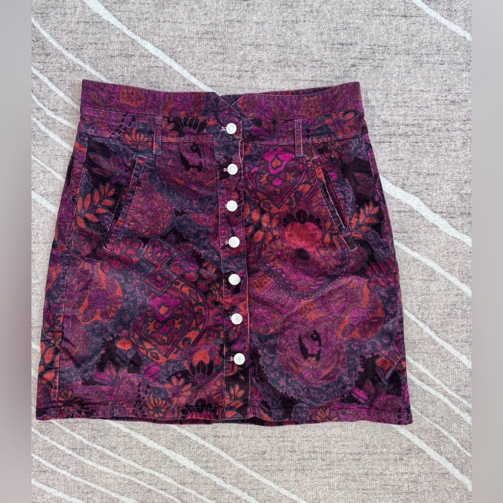 Pilcro Courdaroy Button-Front Paisley Mini Skirt - Purple & Orange
